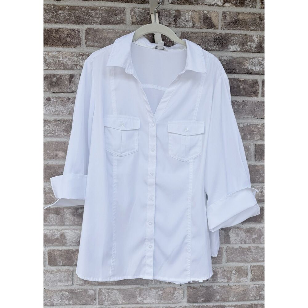 Cato White Utility Button Down Blouse Wide Cuff 18/20W Petite Plus